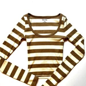 Hollister Super Soft Ribbed Stripe Long Sleeve Top | XXS | Brown & Cream